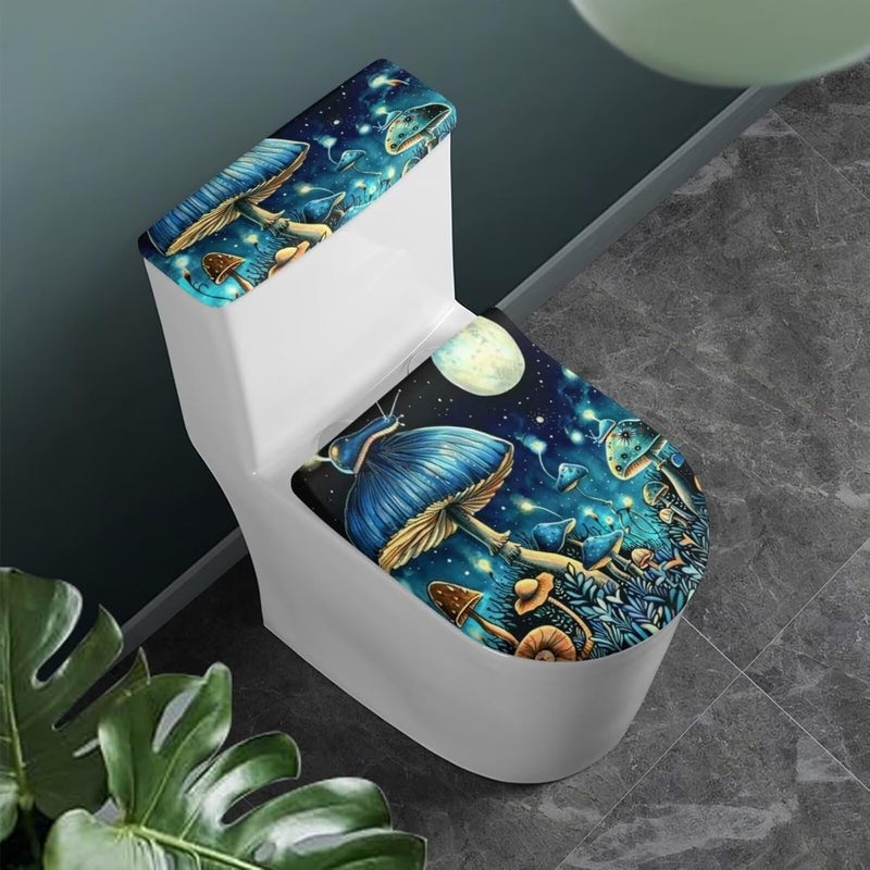 Flashideas Blue Mushroom Toilet Lid & Tank Cover Set - 2 Pcs Stretch Toilet Covers Fits Most Tanks & Lids - Image 1